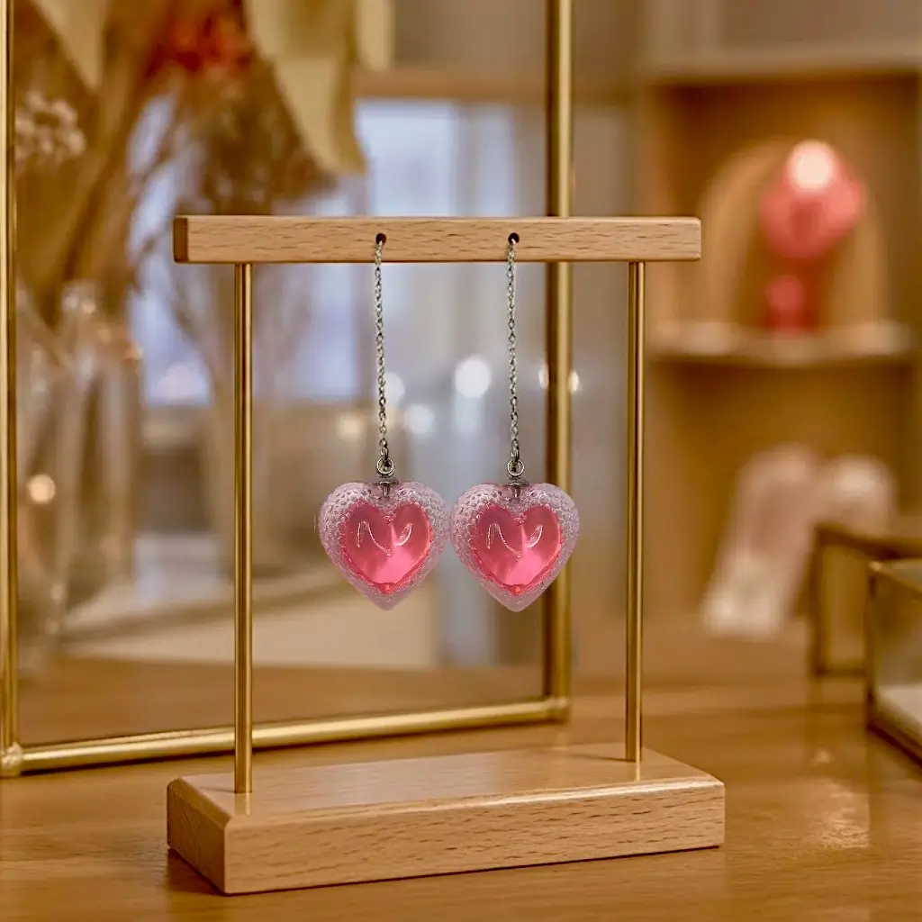 paire de boucles d’oreilles chaîne fine sur présentoir en bois