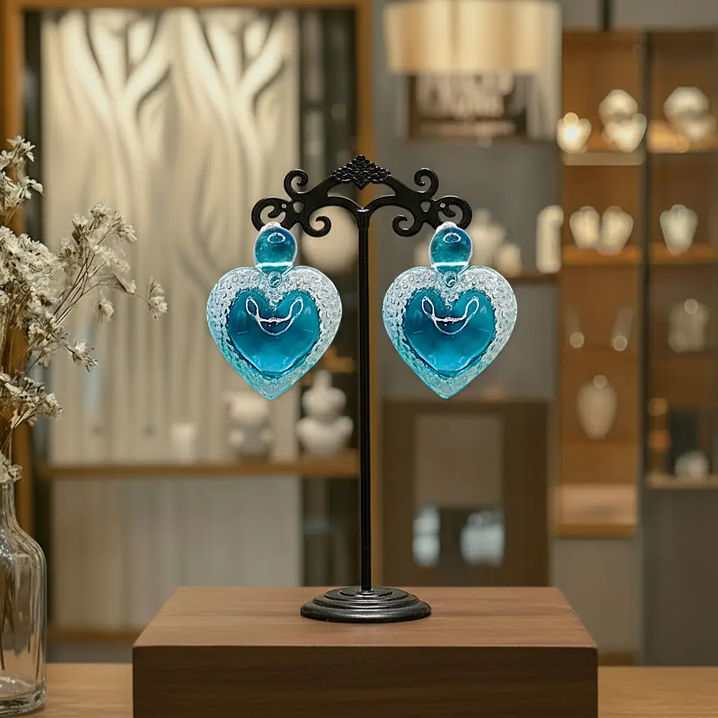 boucles d’oreilles clips cœur voronoï bleu turquoise sur présentoir en fer forgé en ambiance boutique