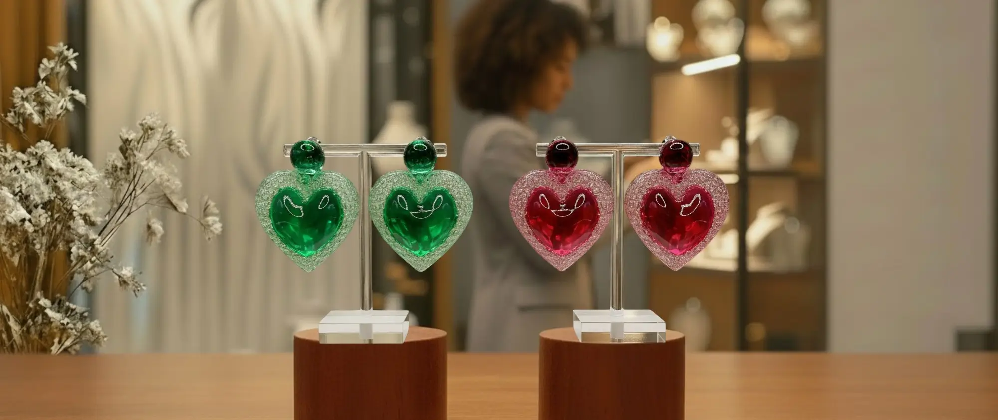 boucles d’oreilles clips cœur voronoï présentées sur présentoirs sur podium dans une ambiance boutique