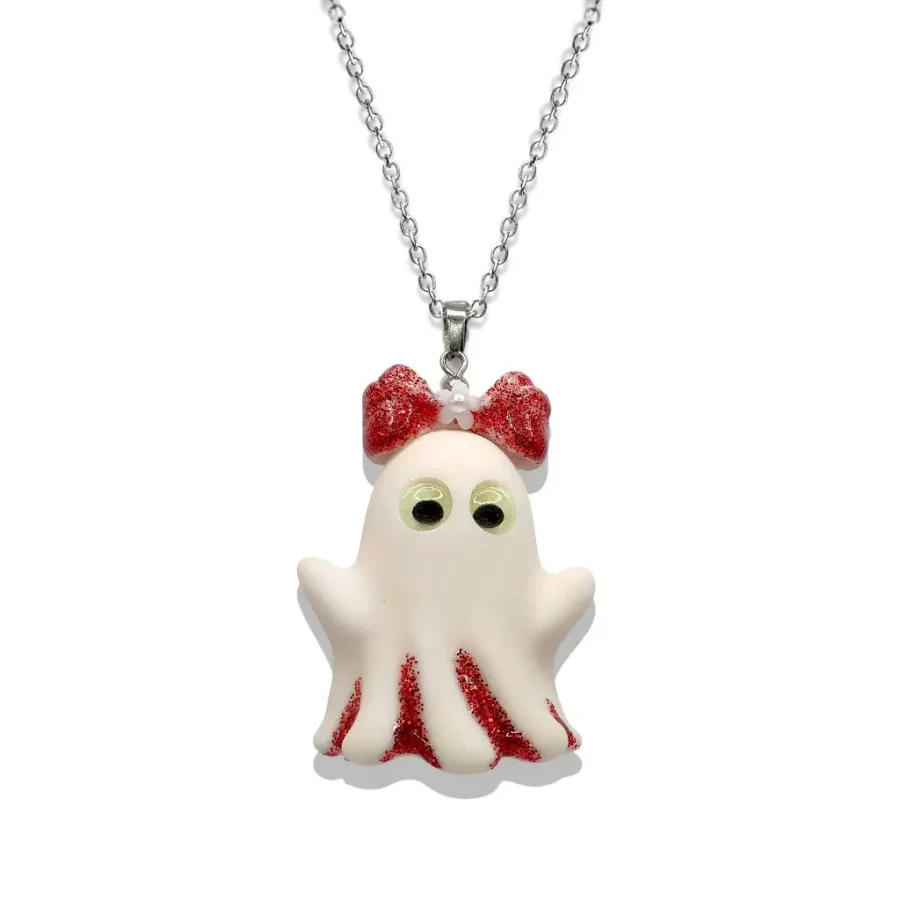 Collier Fantômette rouge en résine pailletée avec yeux phosphorescents, monté sur chaîne acier inoxydable 50 cm