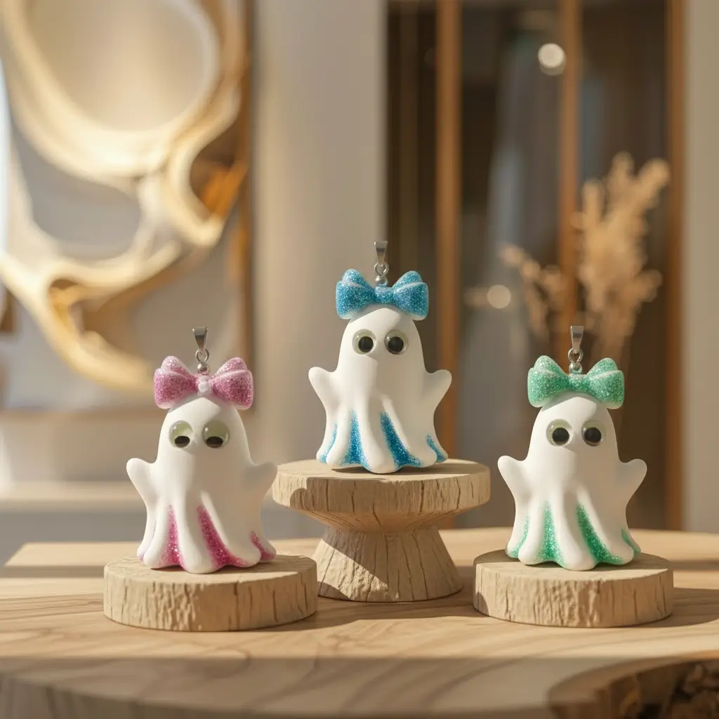 Trois Colliers Fantômette en résine colorée exposés sur podiums en bois dans une boutique artisanale