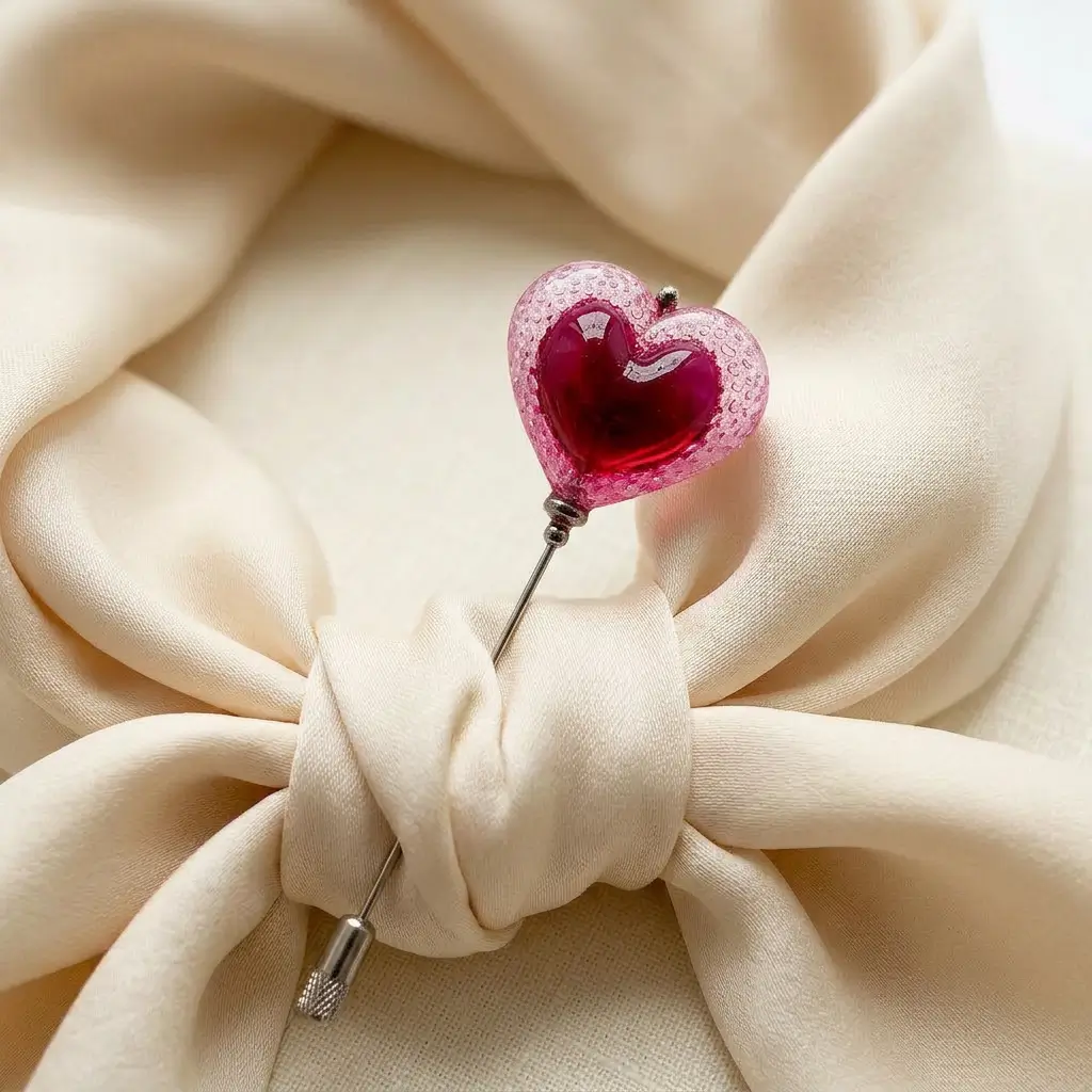 Fibule Cœur Voronoï Cherry posée sur une écharpe