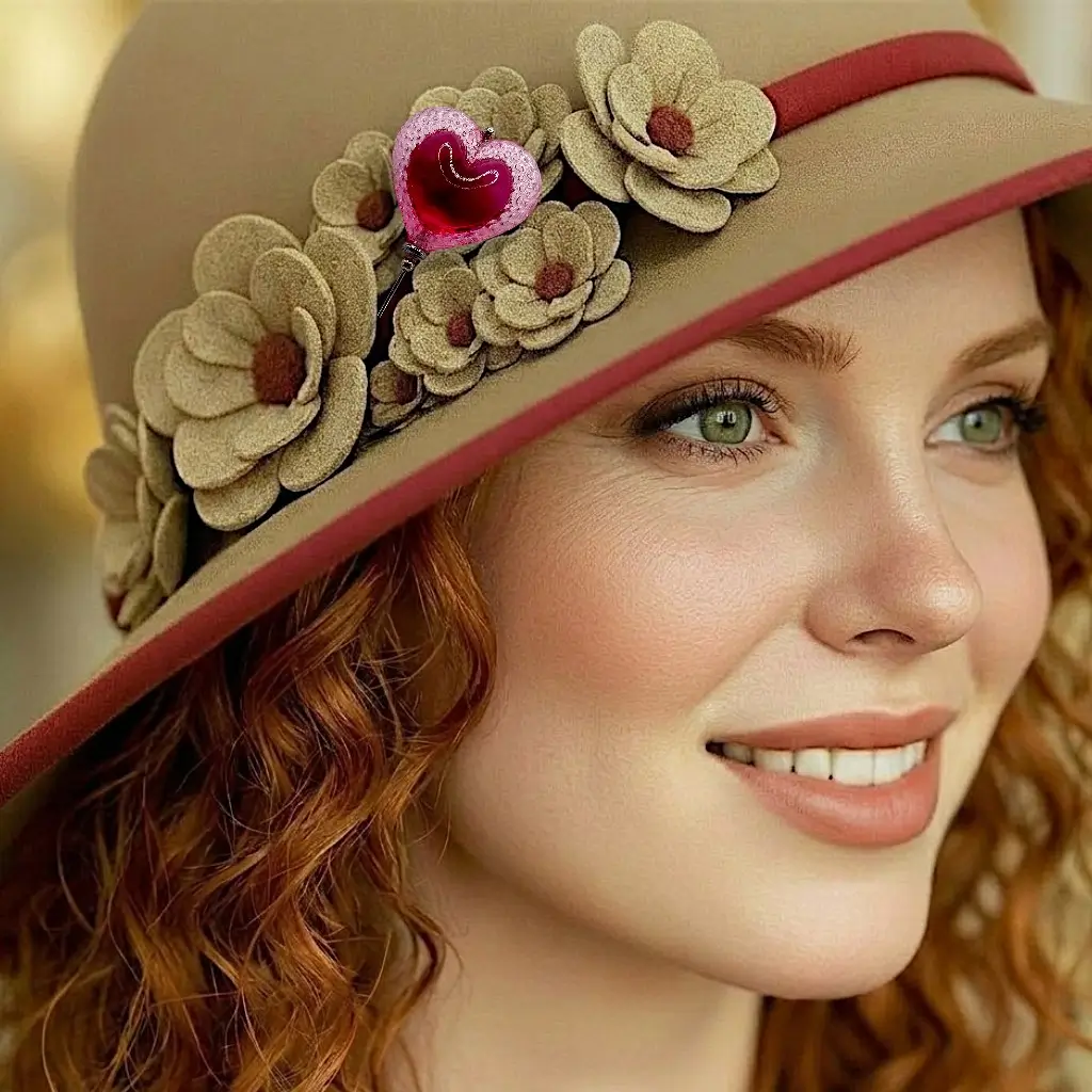 Fibule cœur Voronoï couleur cherry en résine portée sur un chapeau par une femme