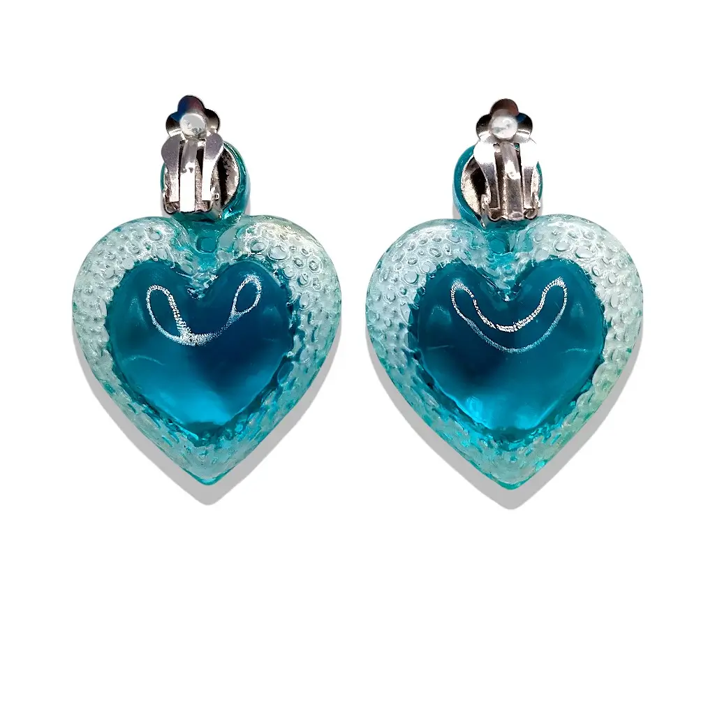 boucles d’oreilles cœur voronoï clips bleue turquoise vue arrière avec attache clips
