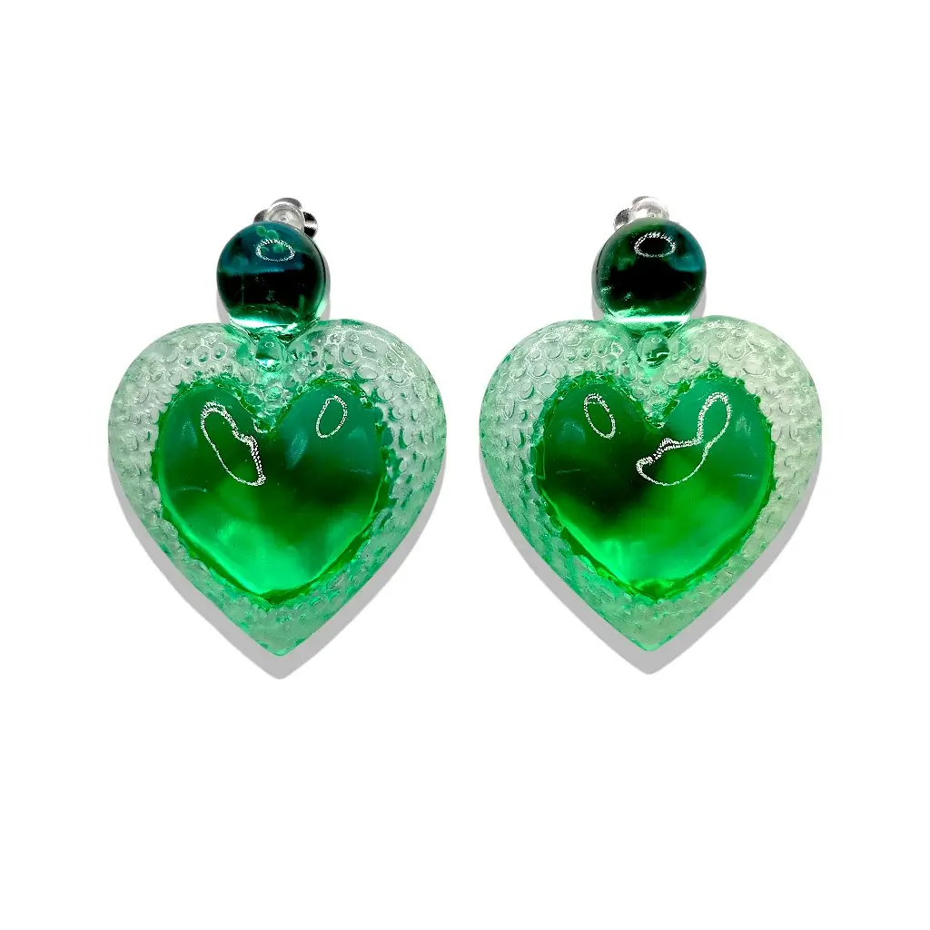 boucles d’oreilles cœur voronoï clips vert en résine 3D