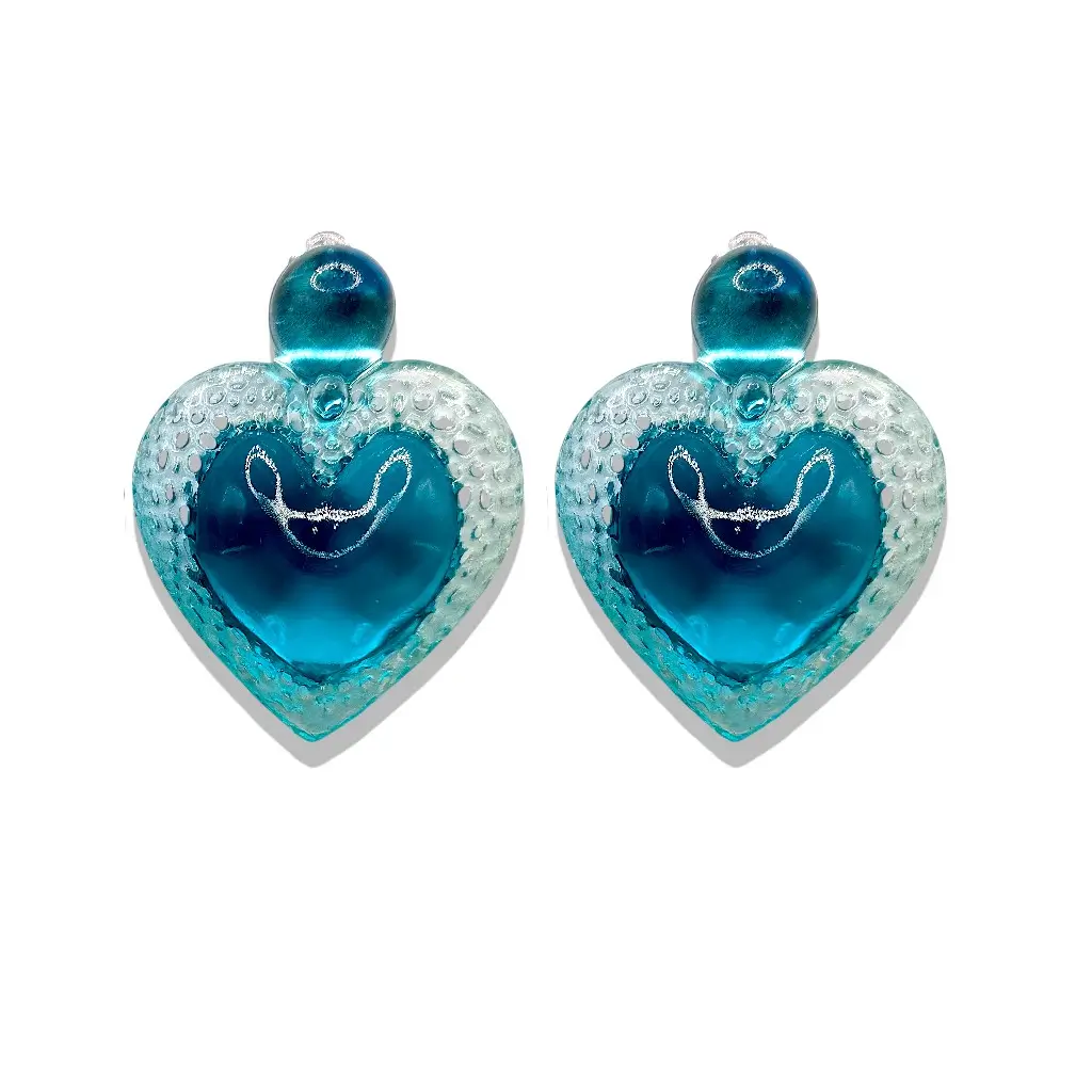 Boucles d’oreilles clips cœur Voronoï bleu turquoise en résine imprimée 3D