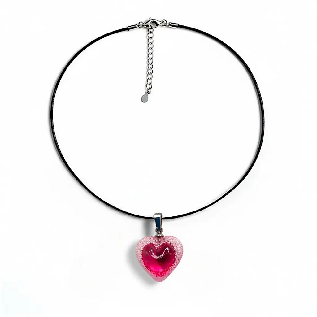 Collier cœur Voronoï cherry en résine avec cordon en cuir 1 mm et rallonge en acier inoxydable