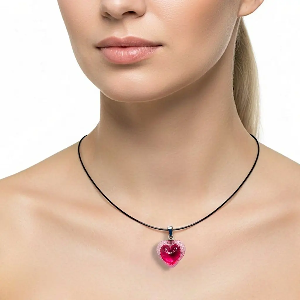 Collier cœur Voronoï cherry en résine avec cordon en cuir 1 mm et rallonge en acier inoxydable