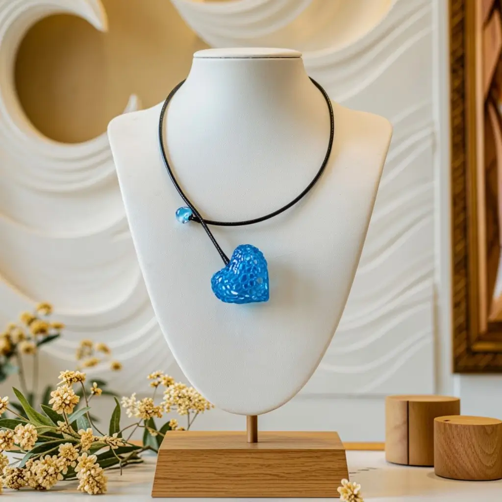 Collier cœur alvéolé bleu en résine sur cordon en cuir noir présenté sur un présentoir à collier dans une ambiance boutique