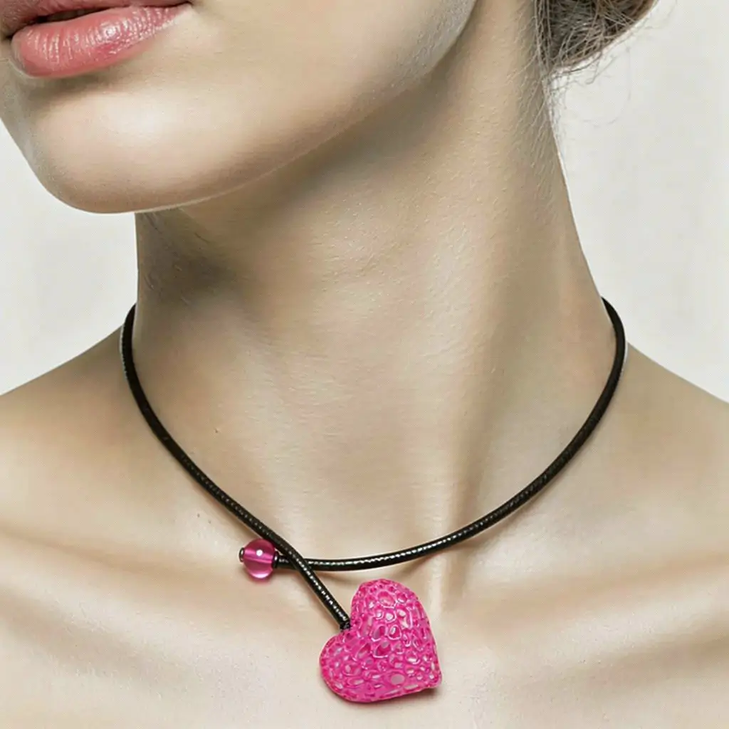 Femme portant un collier cœur alvéolé rose en résine avec cordon en cuir noir