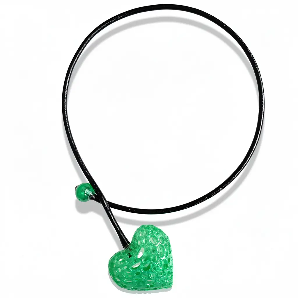 Collier cœur alvéolé vert en résine avec cordon en cuir noir 4 mm