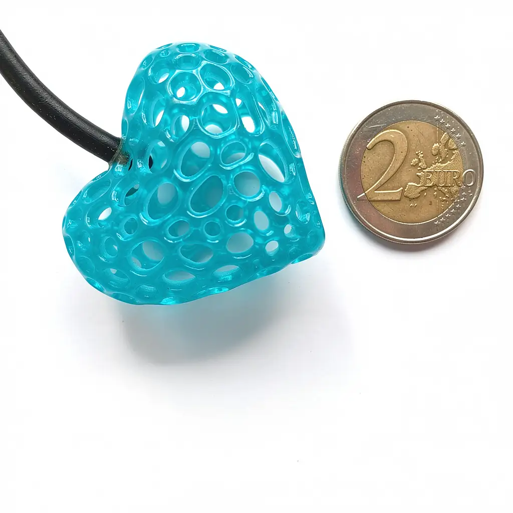 Collier cœur alvéolé bleu présenté à côté d’une pièce de 2 euros pour comparer les dimensions