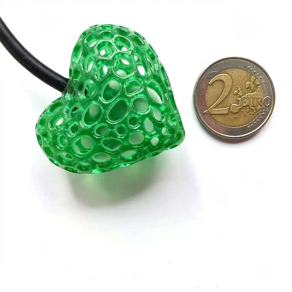 Collier cœur alvéolé vert présenté à côté d’une pièce de 2 euros pour comparer les dimensions