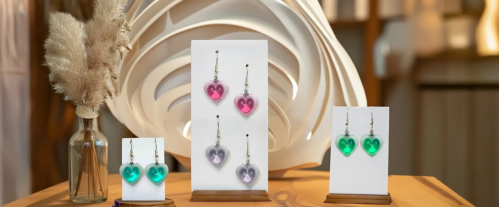 Quatre paires de boucles d'oreilles Cœur Voronoï à pointes en résine imprimée en 3D, présentées sur un présentoir dans une ambiance de boutique artisanale