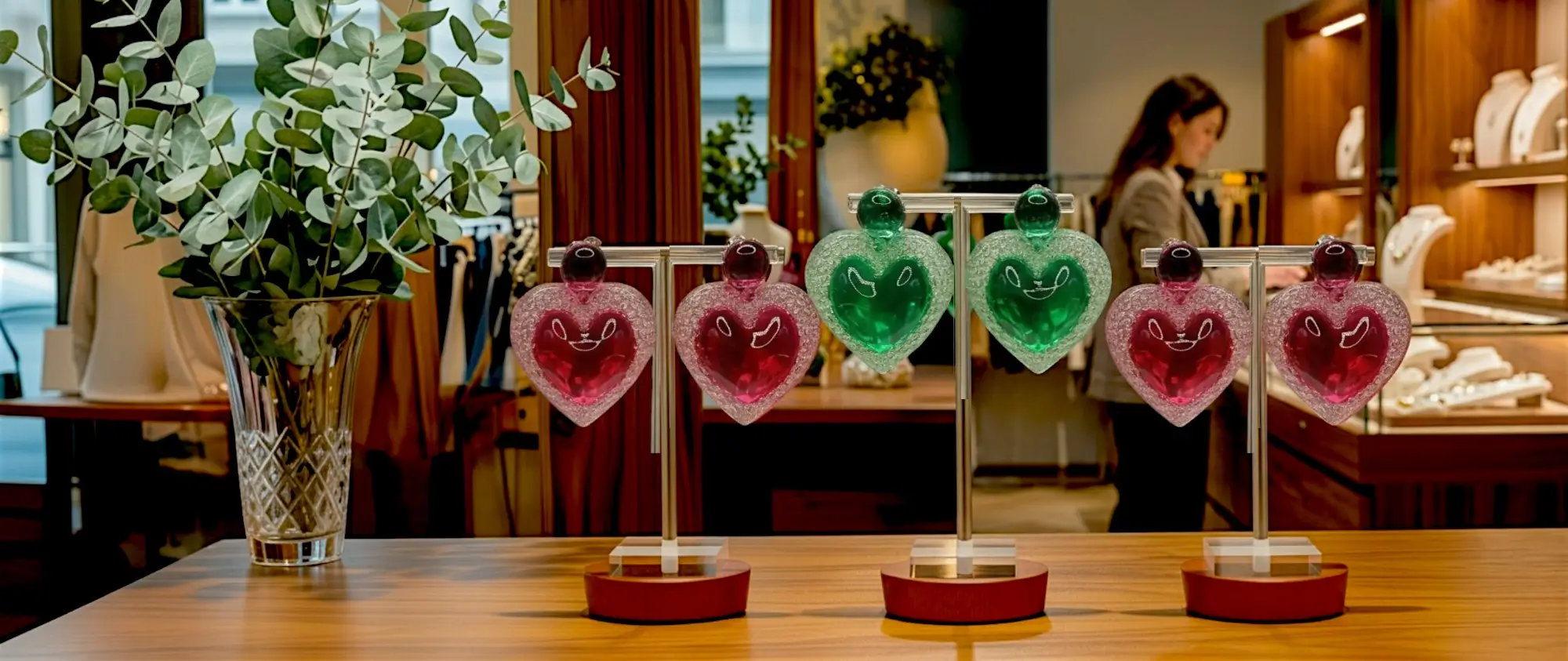 paires de boucles d’oreilles à pointe sur présentoir en boutique