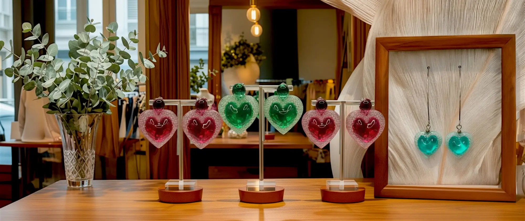 Plusieurs paires de boucles d'oreilles artisanales en résine imprimée en 3D, présentées sur une table dans une boutique de créateurs