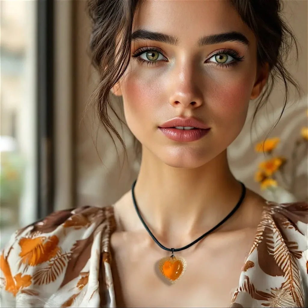 Femme portant un collier artisanal Cœur Voronoï en résine sur un lien en cuir de 3 mm dans un univers de boutique
