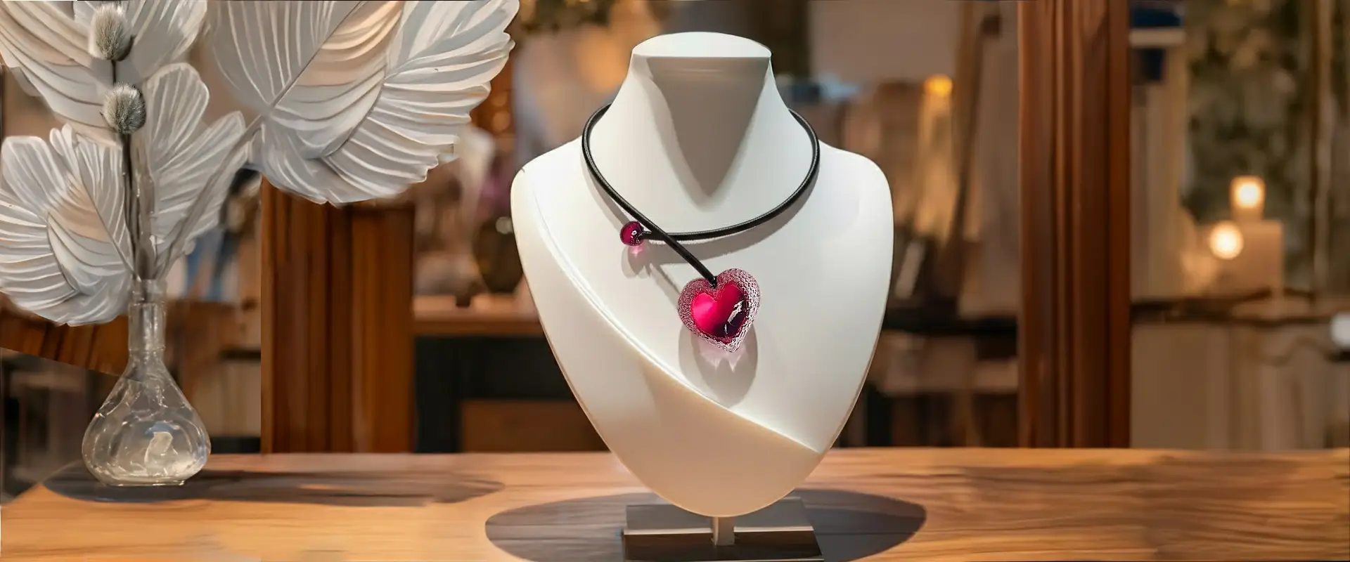 Collier Cœur Voronoï en résine imprimée en 3D monté sur un cordon de cuir noir de 4 mm, présenté sur un présentoir dans une ambiance de boutique artisanale