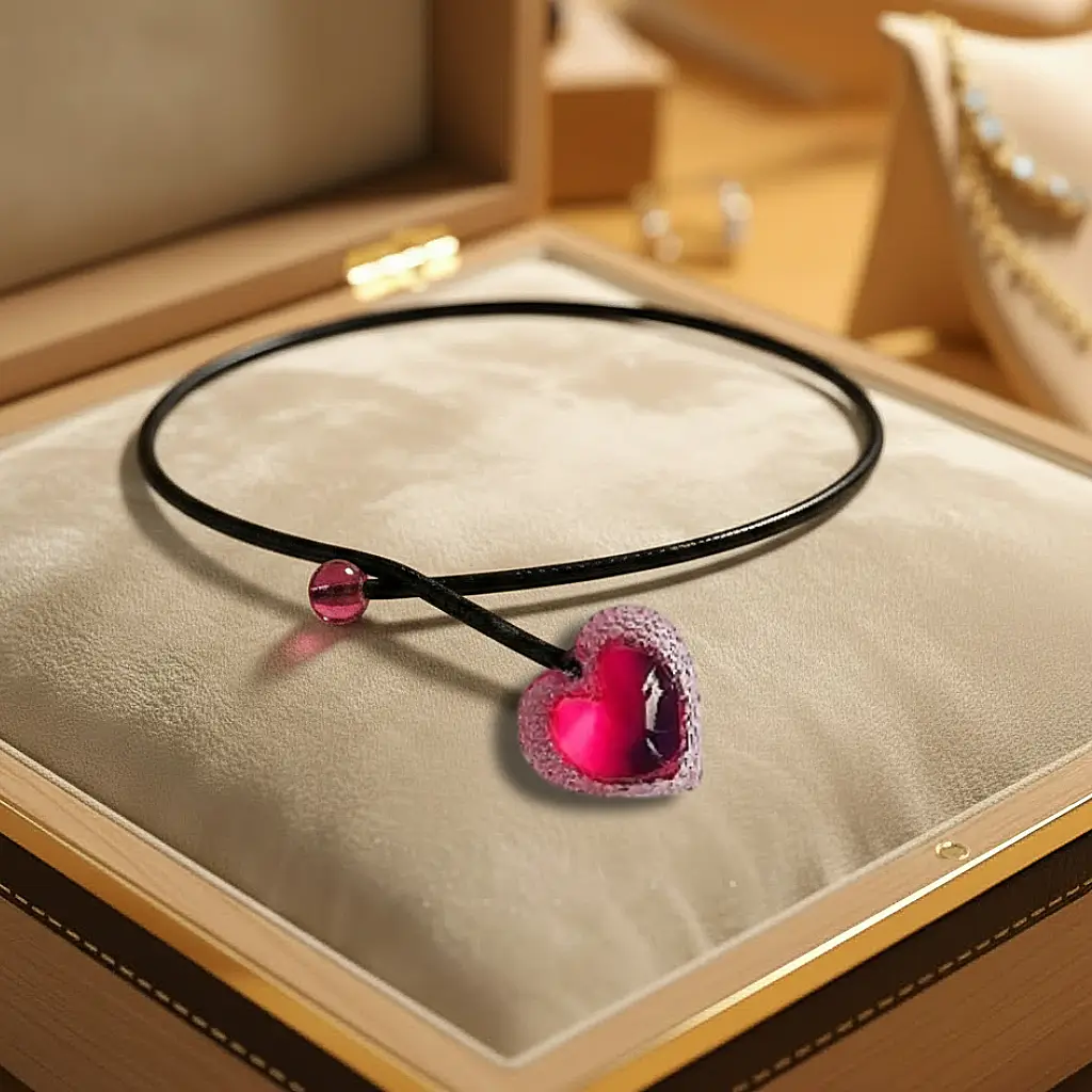 Collier en cuir noir avec pendentif Cœur Voronoï Cherry en résine imprimée en 3D, présenté dans un coffret cadeau dans une ambiance de boutique