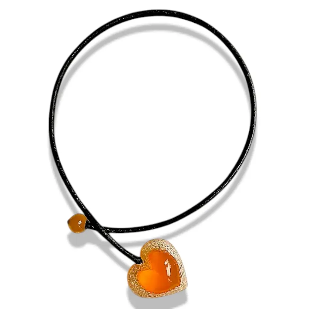 Collier élégant en cuir noir de 4 mm avec pendentif orange Cœur Voronoï