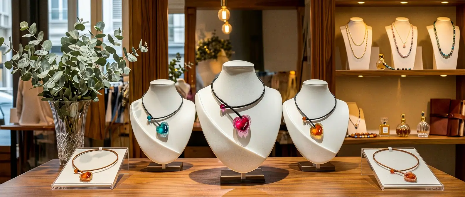 Bannière présentant plusieurs colliers en cuir noir avec des pendentifs Cœur Voronoï de différentes couleurs dans une ambiance chaleureuse de boutique