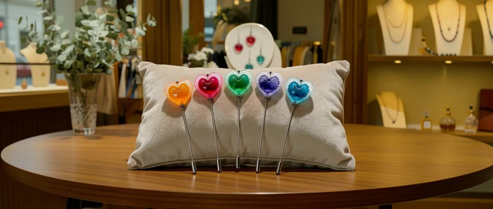 Plusieurs fibules artisanales en résine imprimée en 3D sont disposées sur un coussin posé sur une table dans une ambiance chaleureuse de boutique