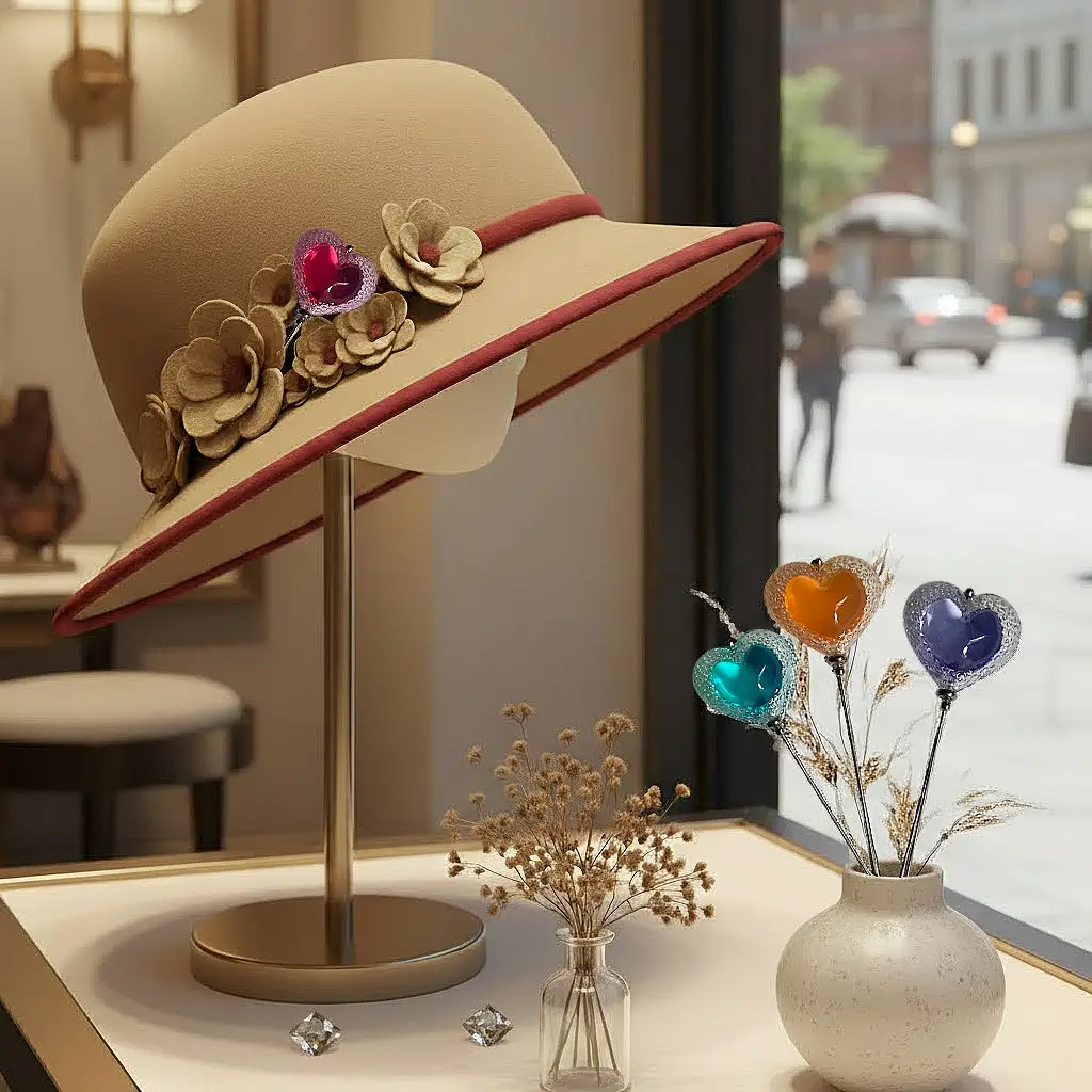Un chapeau orné d'une fibule artisanale est présenté dans une vitrine de boutique, accompagné d'un vase contenant plusieurs fibules en résine imprimées en 3D