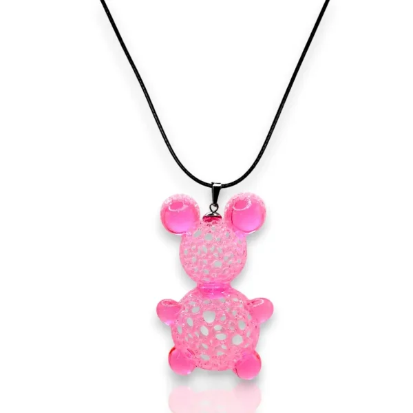 Sautoir nounours rose en résine imprimée en 3D monté sur lien coton ciré noir réglable